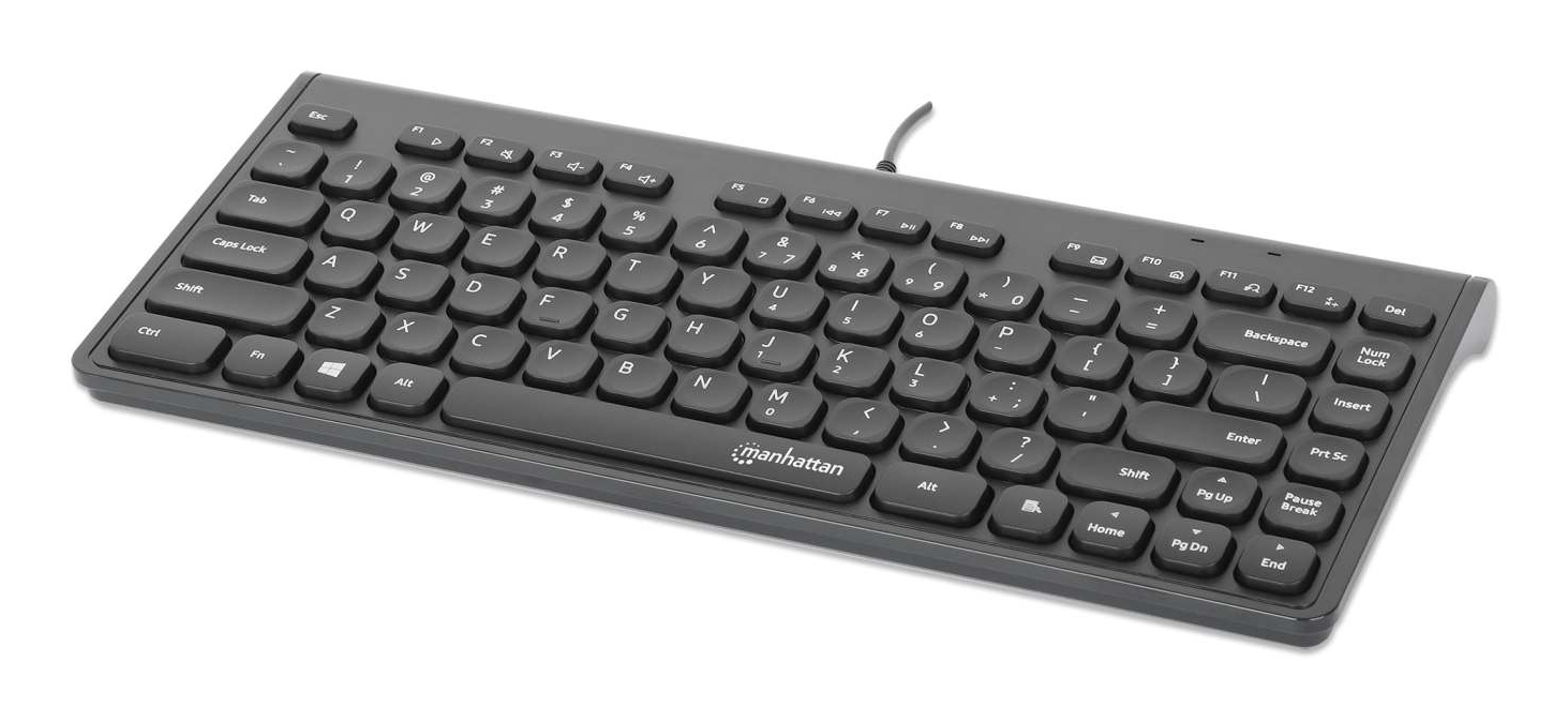 Manhattan Slim Wired USB Mini Keyboard, 12 Multimedia/Function Keys, Built-in 1.5 m (5 ft.) USB-A Cable, Compact, Low-Profile Format, for PC and Laptop, Black