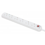 Manhattan Power Distribution Unit UK, x6 gang/output with on/off switch (neon) and Surge Protection, 2m cable, 13A, White, Extension Lead, PDU, Power Strip, Three Year Warranty