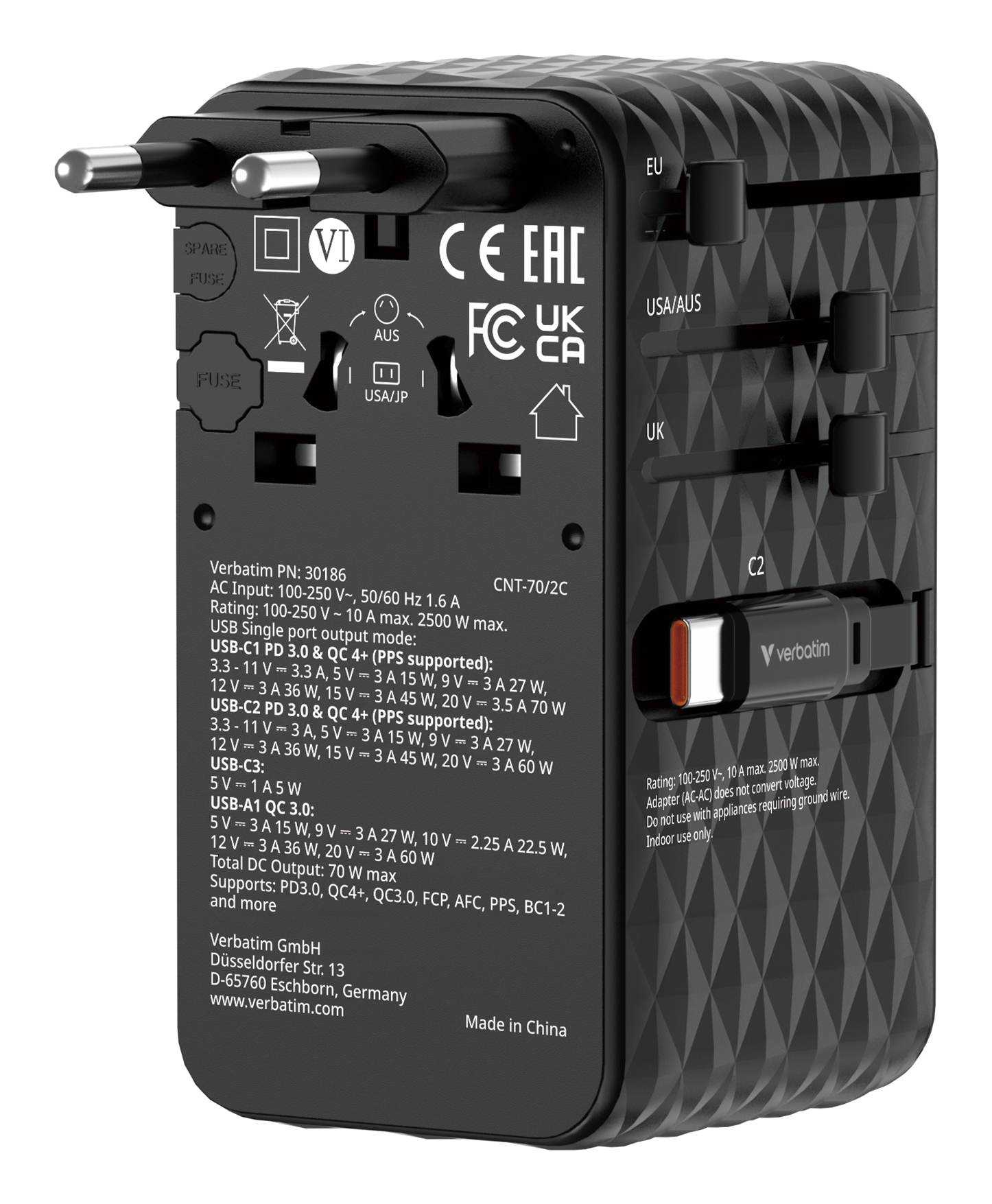 Verbatim Charge 'n' Travel 70W 2C retractable Universal Travel Adapter Black