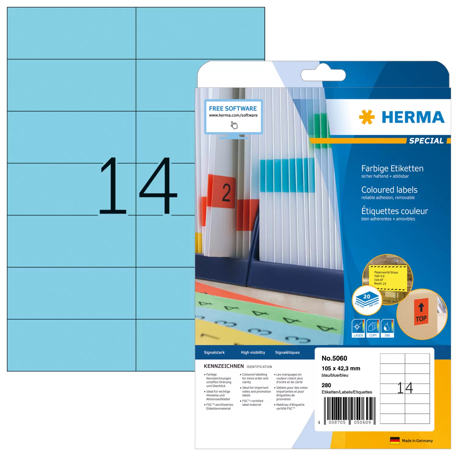Image of HERMA Coloured labels A4 105x42.3 mm blue paper matt 280 pcs.