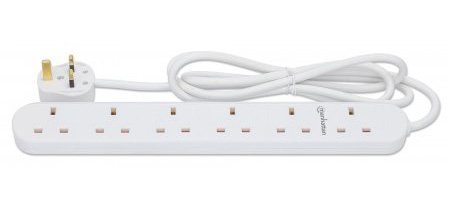 Manhattan Power Distribution Unit UK, x6 gang/output, 2m cable, 13A, White, Extension Lead, PDU, Power Strip, Three Year Warranty