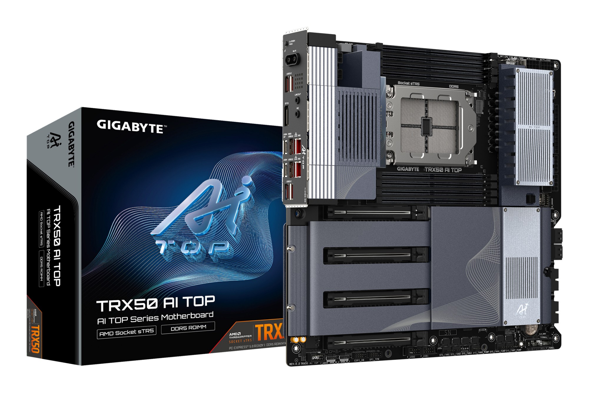 GIGABYTE TRX50 AI TOPMotherboard - Supports AMD Ryzen PRO 7000 CPUs, 16+8+4 Phases Digital VRM, up to 5200MHz DDR5 (OC), 4xPCIe 5.0 + 4xPCIe 4.0 M.2, Wi-Fi 7, 10GbE LAN, USB 3.2 Gen 2x2