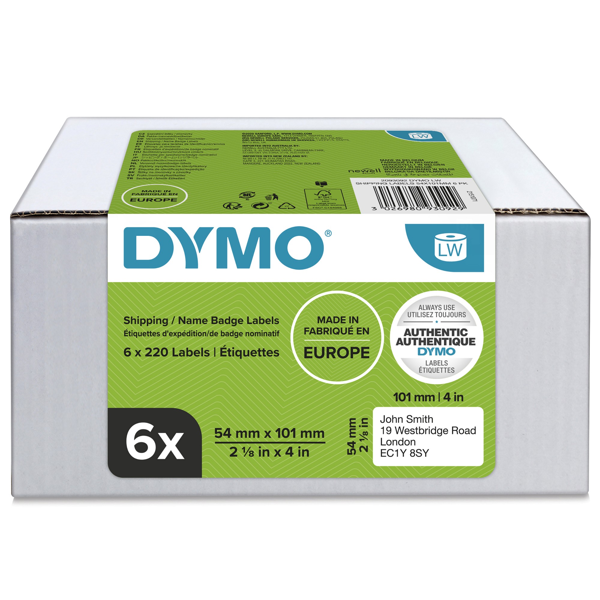 Dymo White 2093092 Directlabel-Etikettes 101Mm X 54Mm Pack=6 For Label