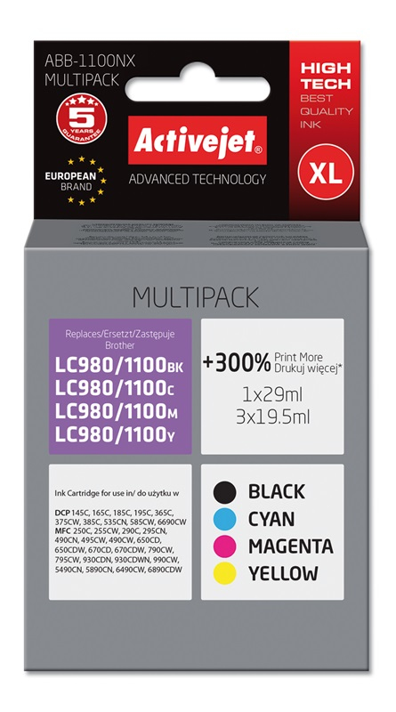 Activejet ABB-1100NX ink (replacement Brother LC1100/980; Supreme; 1 x 29 ml, 3 x 19.5 ml; black, red, blue, yellow)