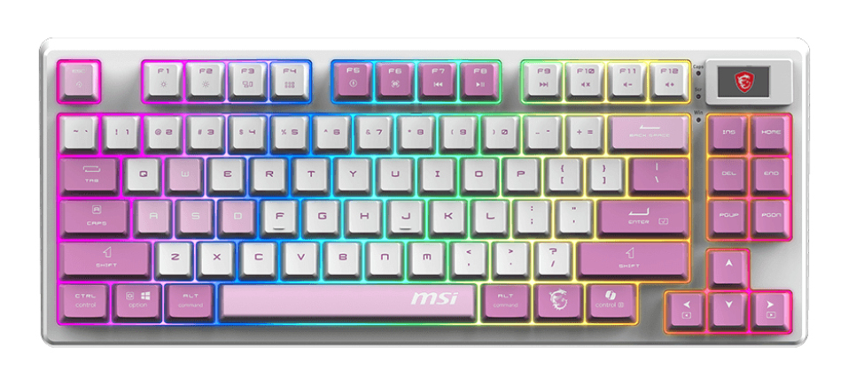 MSI FORGE GK600 TKL WIRELESS VIOLET keyboard Gaming USB + Bluetooth QWERTY Spanish Pink, Violet, White
