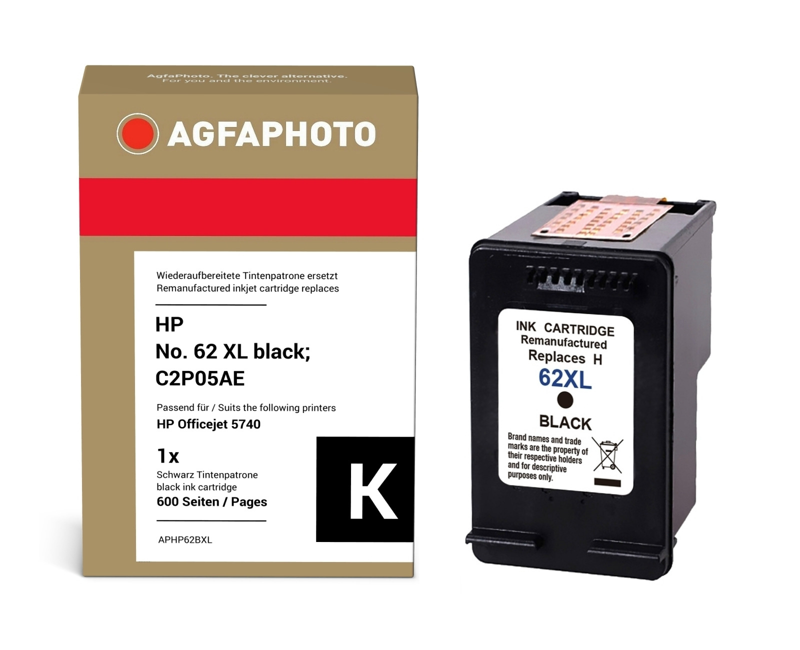 AgfaPhoto Compatible Ink Cartridge. Black. Replacement for HP No. 62 X