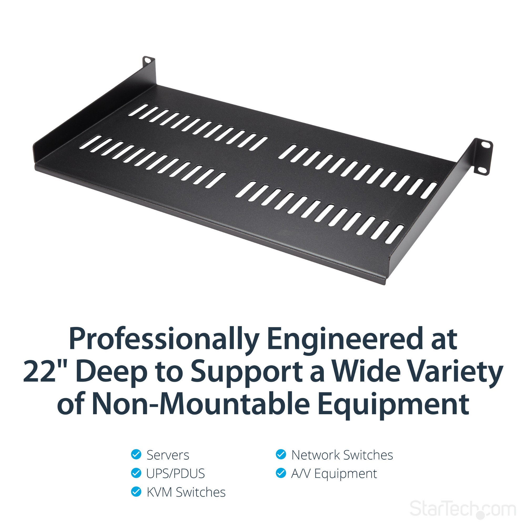 StarTech.com 1U Vented Server Rack Cabinet Shelf - 10in Deep Fixed Cantilever Tray - Rackmount Shelf for 19" AV/Data/Network Equipment Enclosure with Cage Nuts & Screws - 44lbs capacity