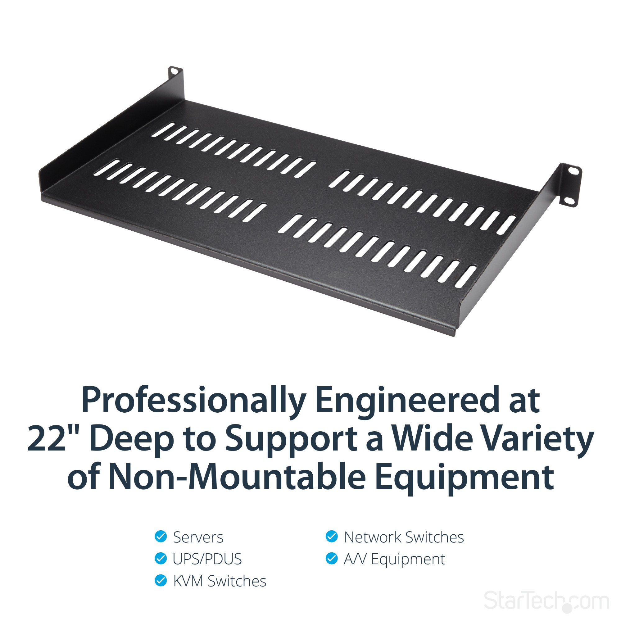 StarTech.com 1U Vented Server Rack Cabinet Shelf - 10in Deep Fixed Cantilever Tray - Rackmount Shelf for 19&quot; AV/Data/Network Equipment Enclosure with Cage Nuts &amp; Screws - 44lbs capacity