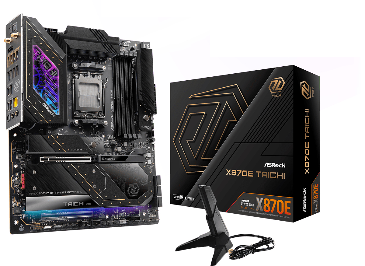 X870E TAICHI ASROCK X870E TAICHI AMD AM5 Socket Motherboard, E-ATX, 4x DDR5 Slots, 4x M.2 Sockets, 3x USB-C Port, Fitted I/O Shield, 5GbE LAN, Wi-Fi 7, 1x HDMI Port / 2x USB-C (USB4)