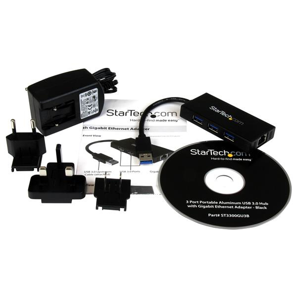 StarTech.com 3-Port Portable USB 3.0 Hub plus Gigabit Ethernet - Aluminum with Built-in Cable