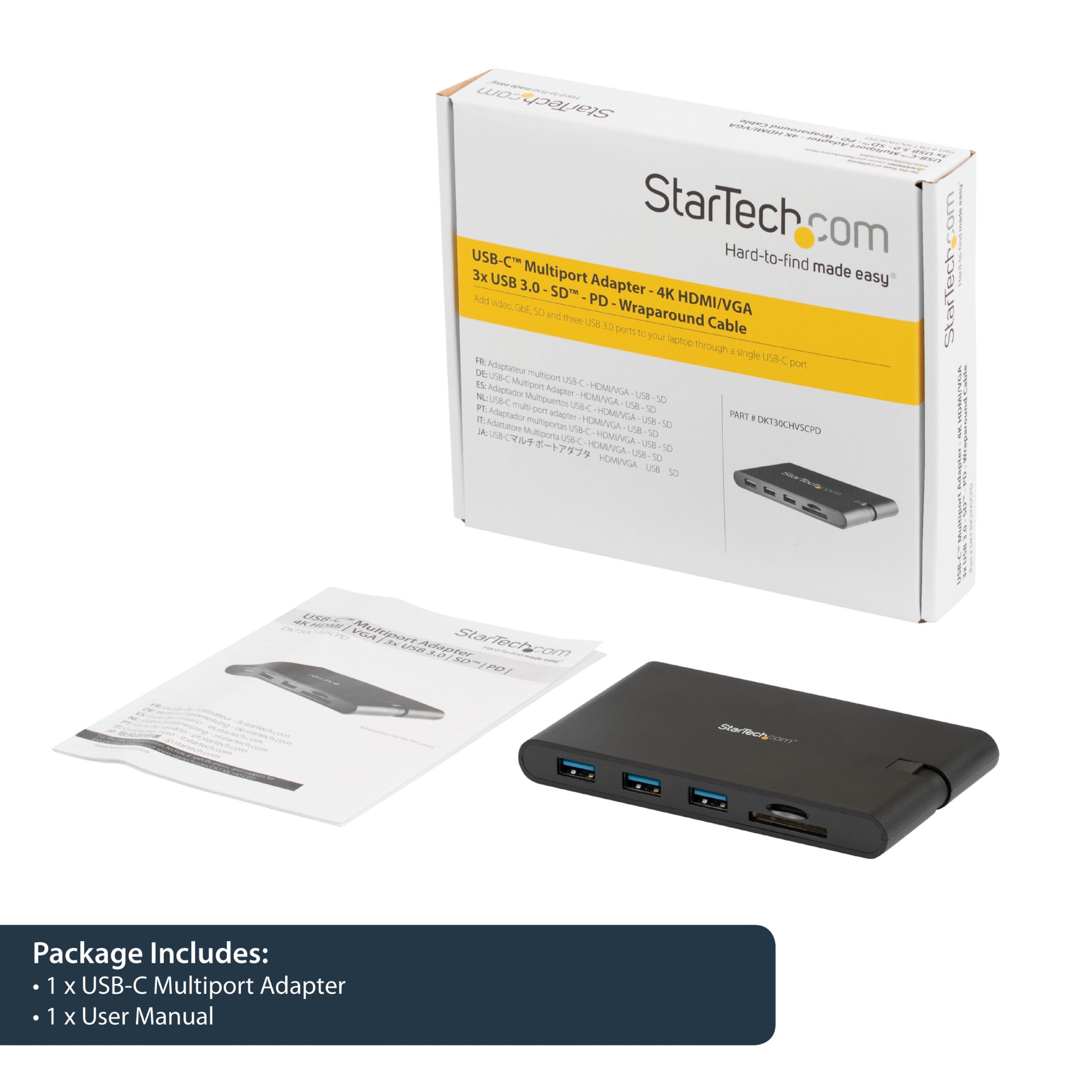 StarTech.com USB C Multiport Adapter - USB Type-C Mini Dock with HDMI 4K or VGA 1080p Video - 100W Power Delivery Passthrough, 3-port USB 3.0 Hub, GbE, SD &amp; MicroSD - Laptop Travel Dock