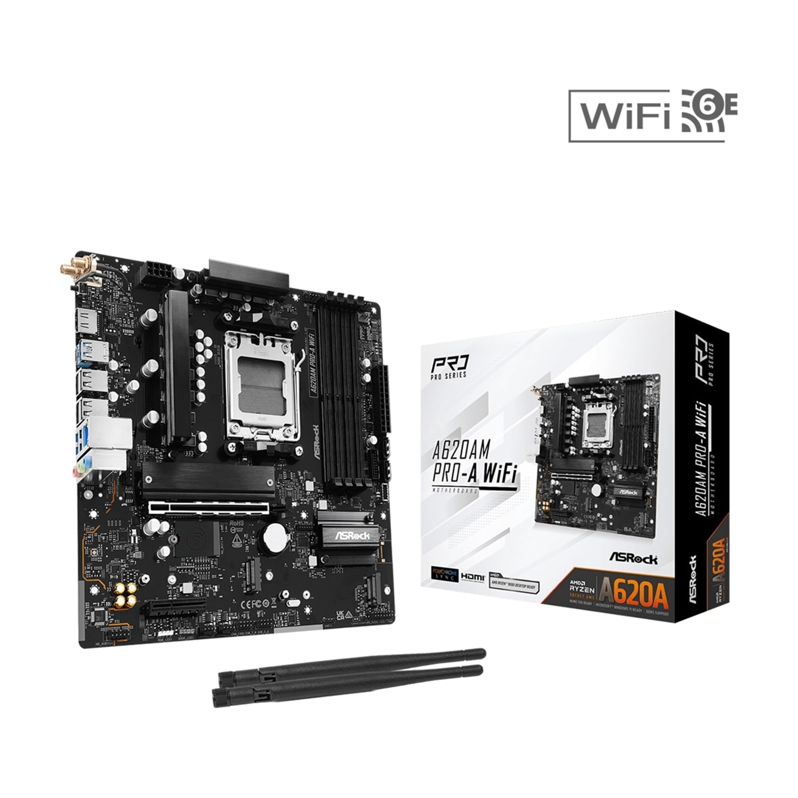 Asrock A620AM PRO-A WIFI AMD Socket AM5 Motherboard, 4 x DDR5 DIMM Slots, 1 x M.2 Socket (Key E), 2 x USB 3.2 Type-C, 2.5G LAN, 802.11axe Wi-Fi 6E Module, 1 x HDMI Port