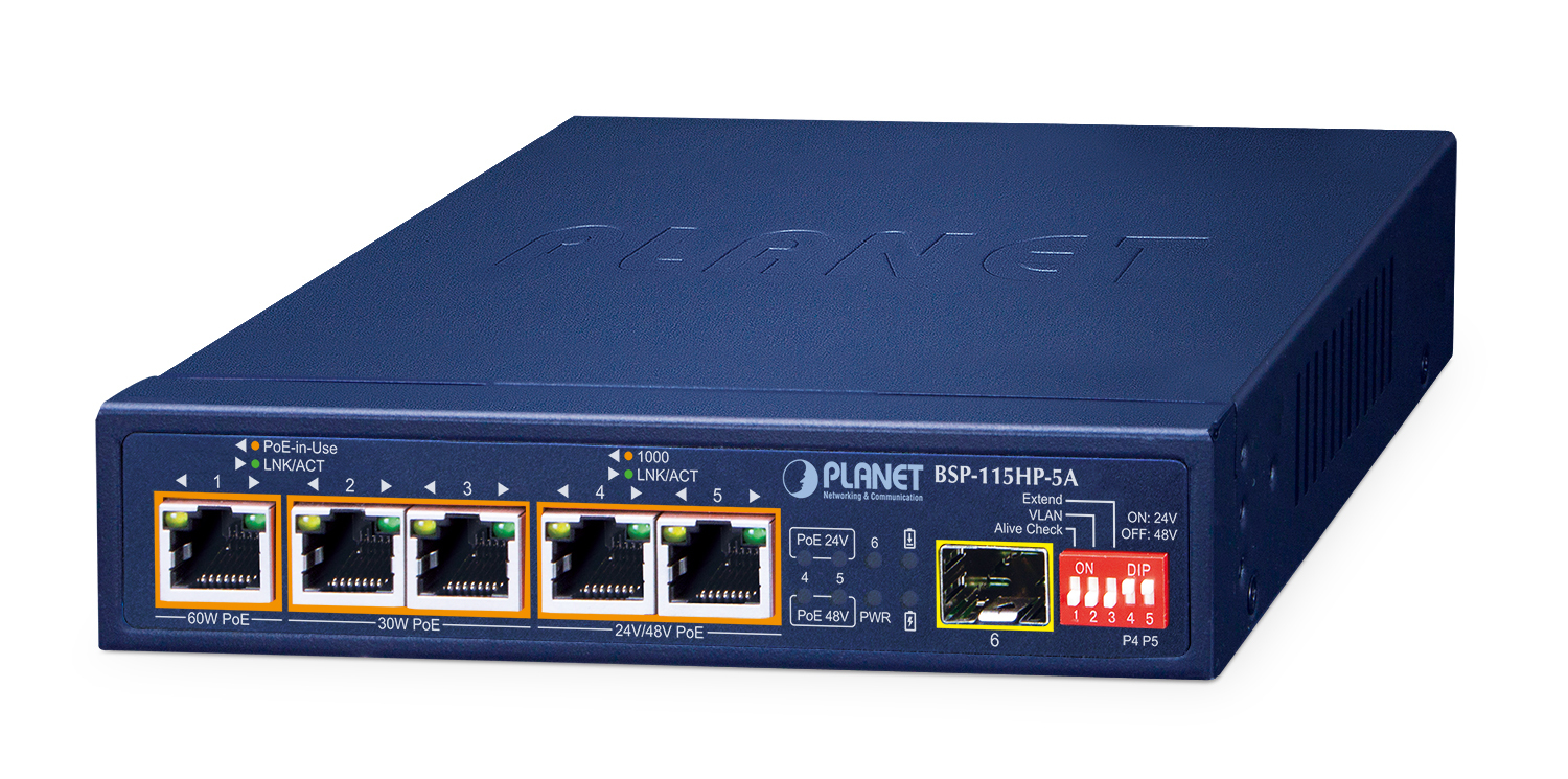 PLANET BSP-115HP-5A network switch Unmanaged Gigabit Ethernet (10/100/1000) Power over Ethernet (PoE) Blue