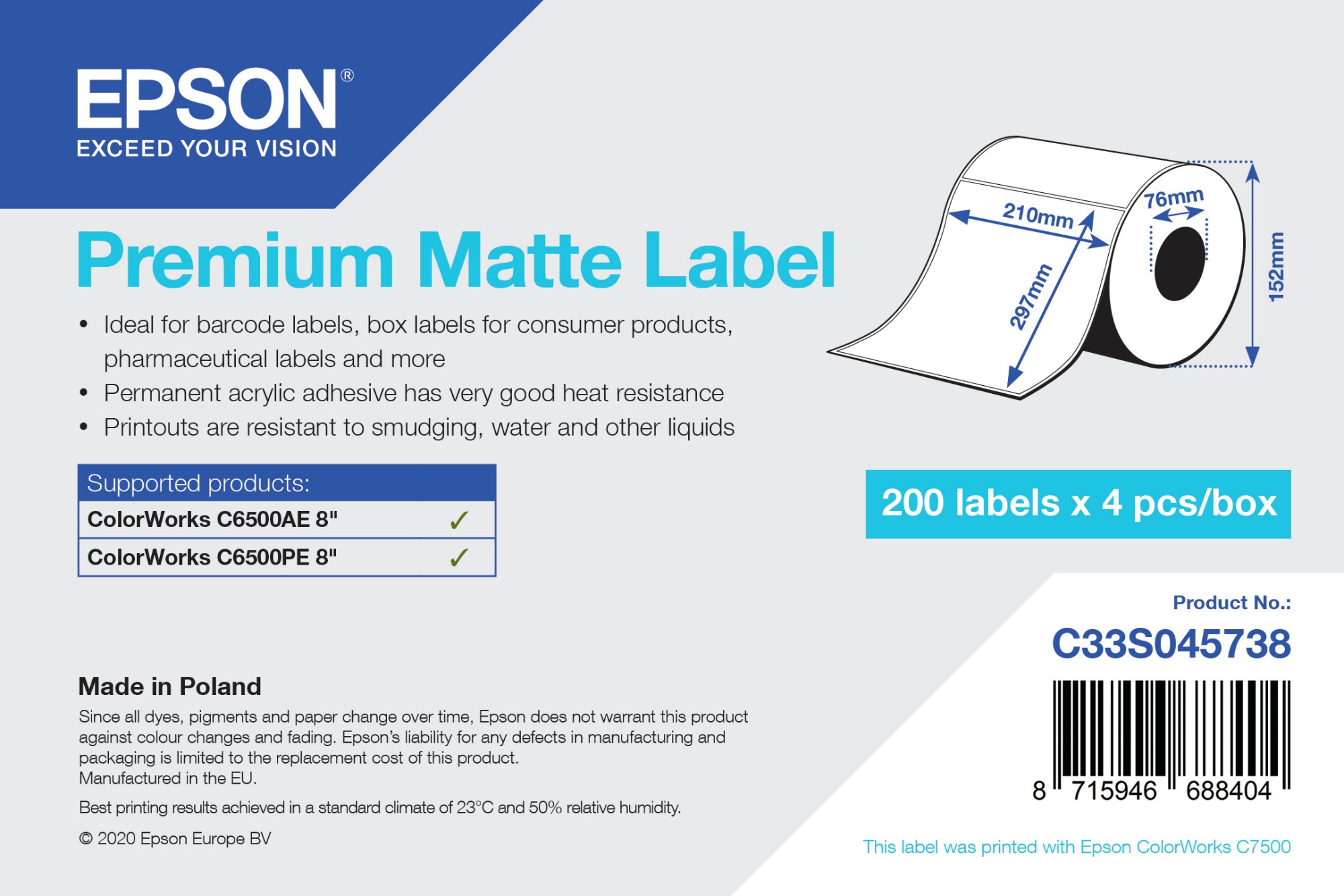 Epson White Premium Matte Label - Die Cut Roll: 210Mm X 297Mm. 200 Labels