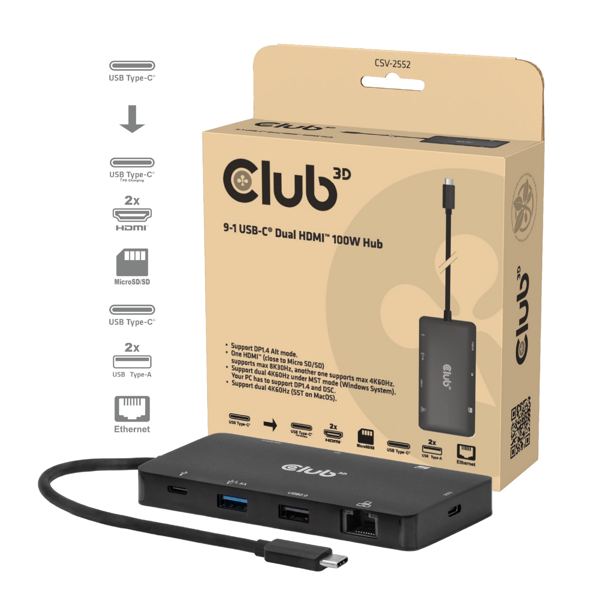 CLUB3D 9-1 Dual HDMIâ„¢ USB-CÂ® Hub PD3.0 100W