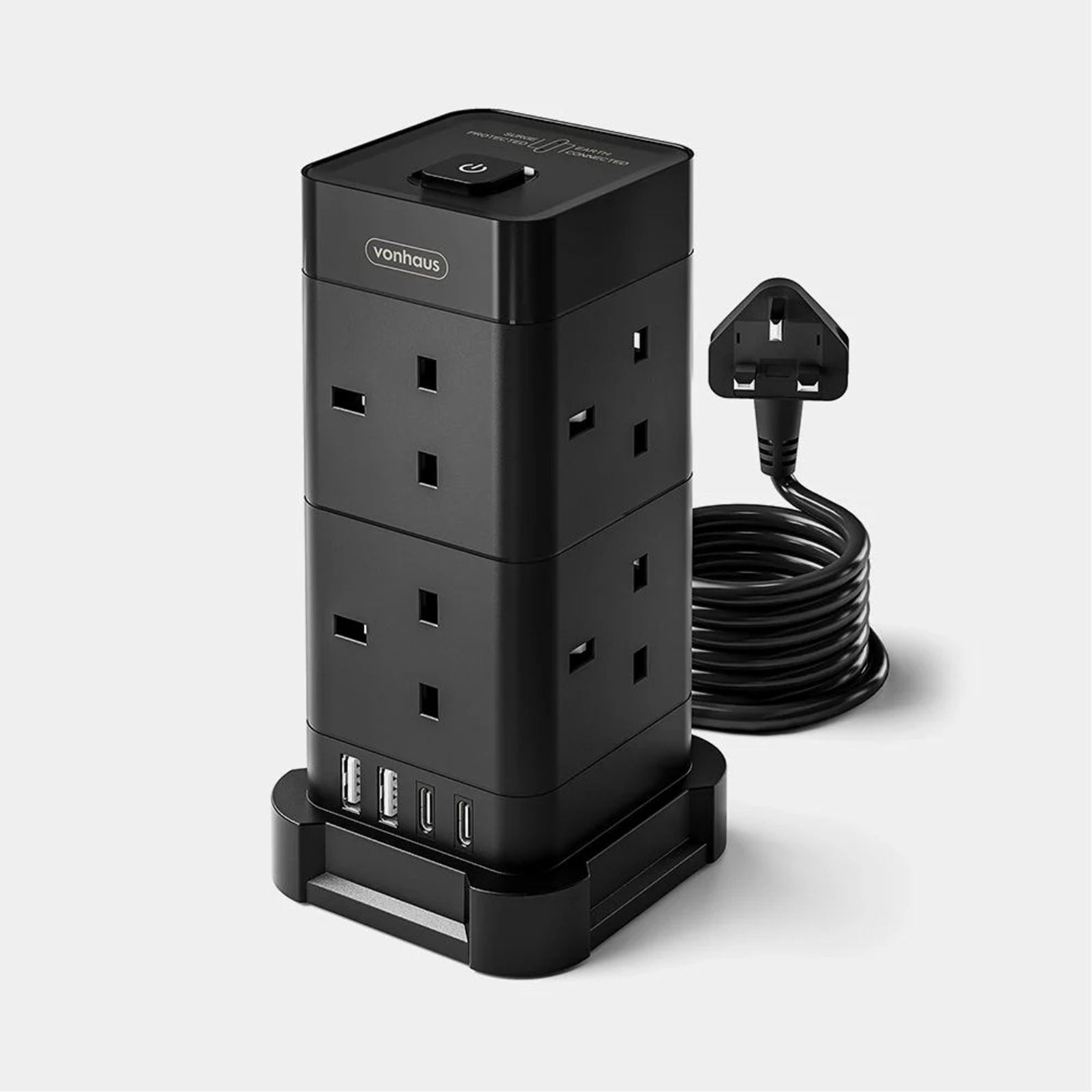 Tower Extension Lead with USB, Power Surge Protection 2M Cable Black, 8 x UK Mains Sockets, Three-Pin 13A Plugs, Arranged Vertically With 2 Sockets On Each Of The 4 Sides