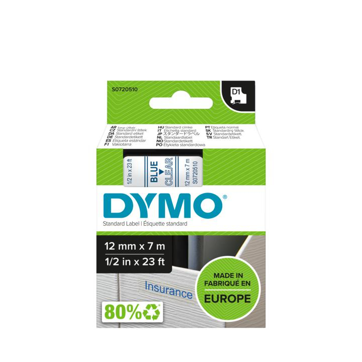 DYMO D1 - Standardpolyesteretiketter - Blått på genomskinligt - 12mm x 7m