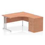 Dynamic Impulse Cantilever Right Crescent Office Desk W1400 x D1200 x H730mm Beech Finish Silver Frame With 600mm Deep Desk High Pedestal - I004252 DD