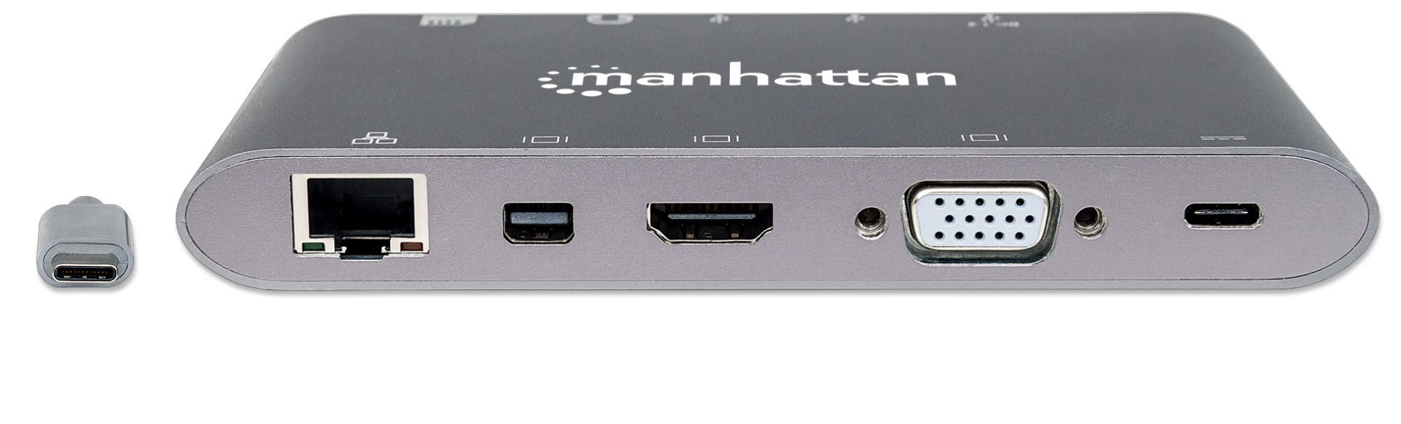 Manhattan USB-C 9-Port Hub/Dock/Converter, USB-C to HDMI, USB-C(inc PD), Mini DisplayPort, VGA, 3x USB-A, Gigabit RJ45 and 3.5mm Audio with SD Card Reader, 5 Gbps (USB 3.2 Gen 1); HDMI Ultra HD,1080p@60Hz or 3840x2160p@30Hz(4K), VGA HD 1080p video; Male t