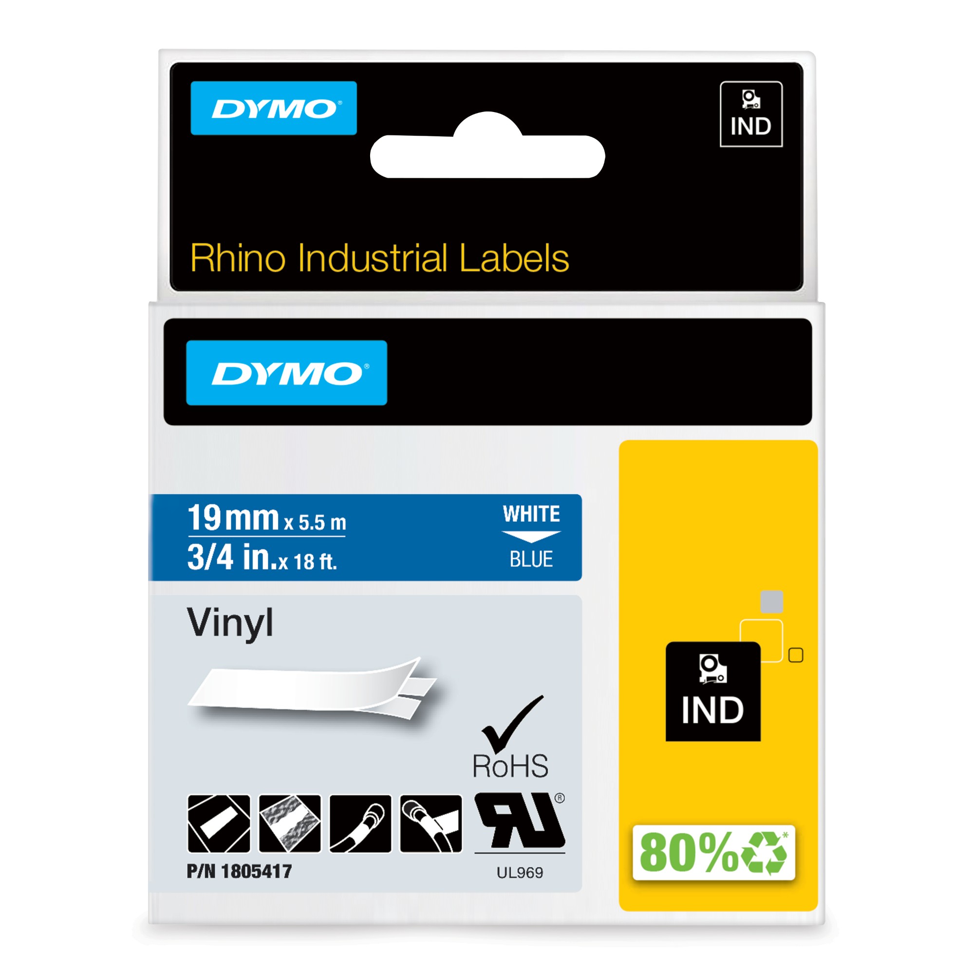 Dymo 1805417 Ribbon Vinyl white on blue 19mmx5,5m for Dymo Rhino 6-19mm/24mm