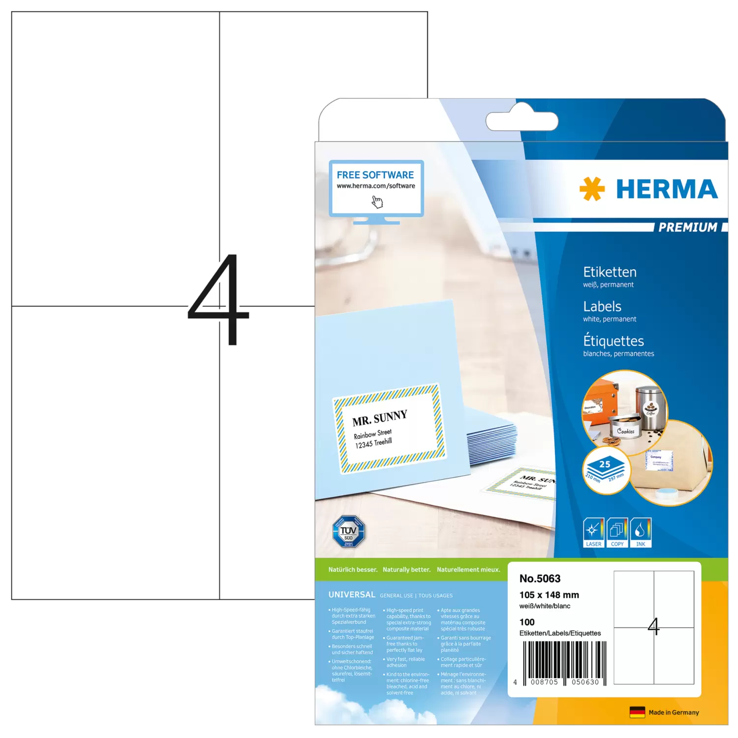 Image of HERMA Labels Premium A4 105x148 mm white paper matt 100 pcs.