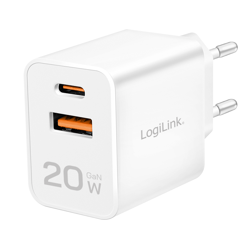 LogiLink USB-A/C charger, 20 W, GaN, 2-port, 1x USB-C (PD), 1x USB-A,  White