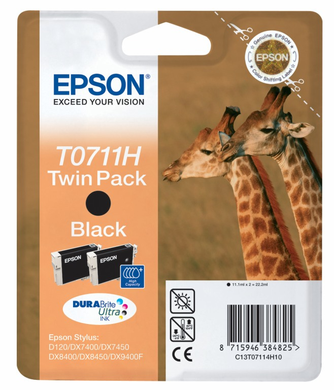 Epson T0711H Ink DURABrite Ultra  Cheetah Twin Pack Black C13T07114H10