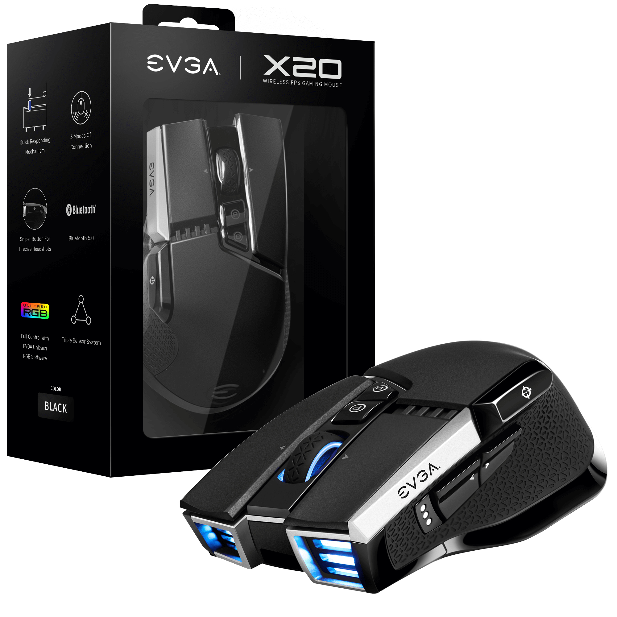 EVGA X20 mouse Gaming Ambidextrous RF Wireless + Bluetooth + USB Type-