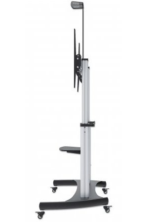 Manhattan Monitor/LFD/TV Trolley Stand, 60-100", Height adjustable 1200 to 1685mm, Camera and AV shelves, Aluminium, Vesa 200x200 to 800x600mm, Max 100kg, Silver/Black, Box