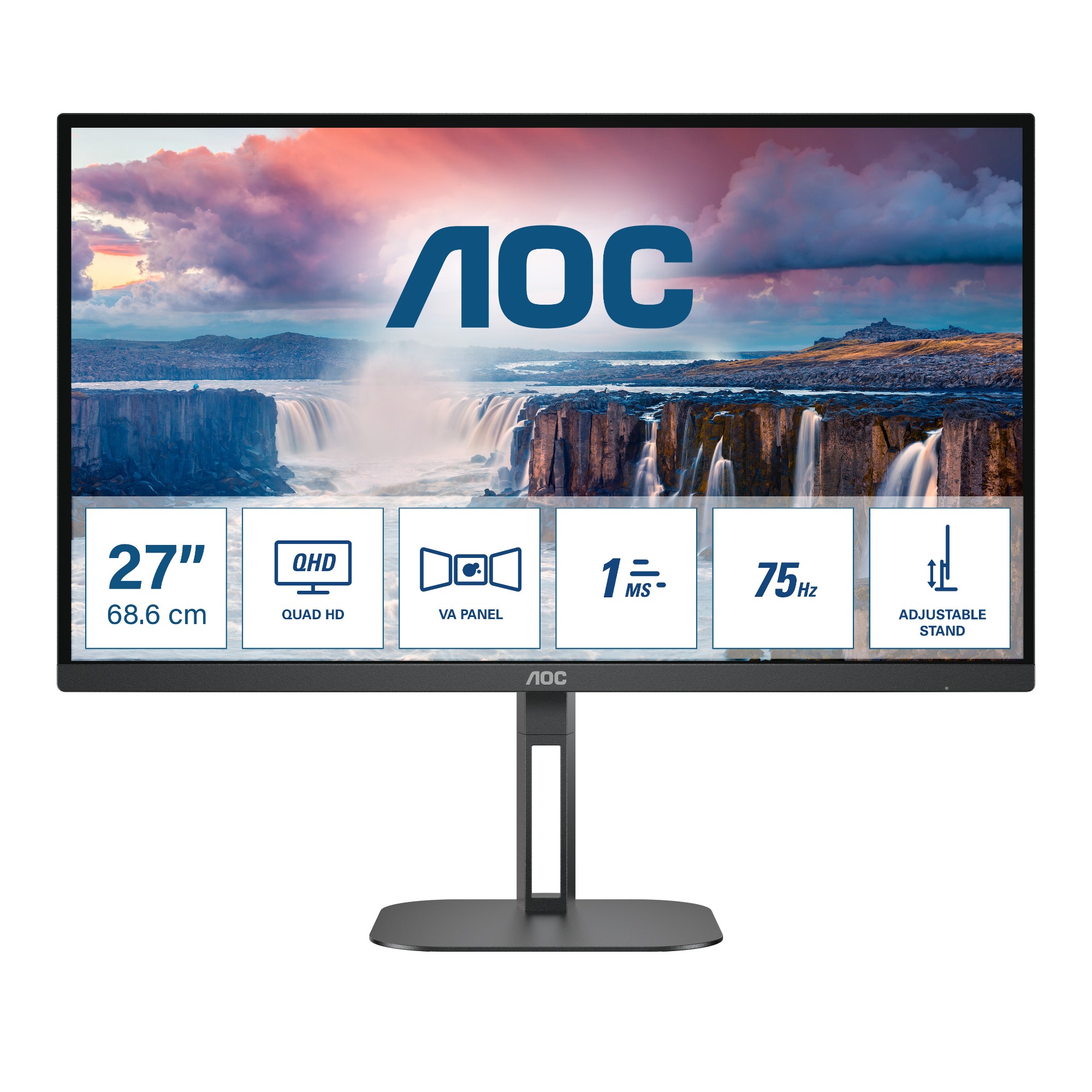 Screen size (inch) 27, Panel resolution 2560x1440, Refresh rate 75 Hz, Panel type VA, HDMI HDMI 1.4 x 2, Display Port DisplayPort 1.2 x 2, D-SUB (VGA) 0x, DVI 0x, Sync technology (VRR) Adaptive sync (Freesync Premium Pro after AMD certified)