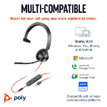 POLY Blackwire 3315 Monaural Microsoft Teams Certified USB-C Headset +3.5mm Plug +USB-C/A Adapter