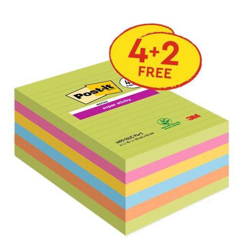 Post-It Super Sticky Notes Lined 101X152mm Assorted Colours Prom Large