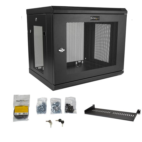 StarTech.com 2 Post 9U 19&quot; Wall Mount Network Cabinet - Adjustable Depth 6-15&quot;- Locking IT Switch Depth Enclosure - Vented Computer/Electronics Equipment Data Rack w/Shelf &amp; Hook &amp; Loop Tape