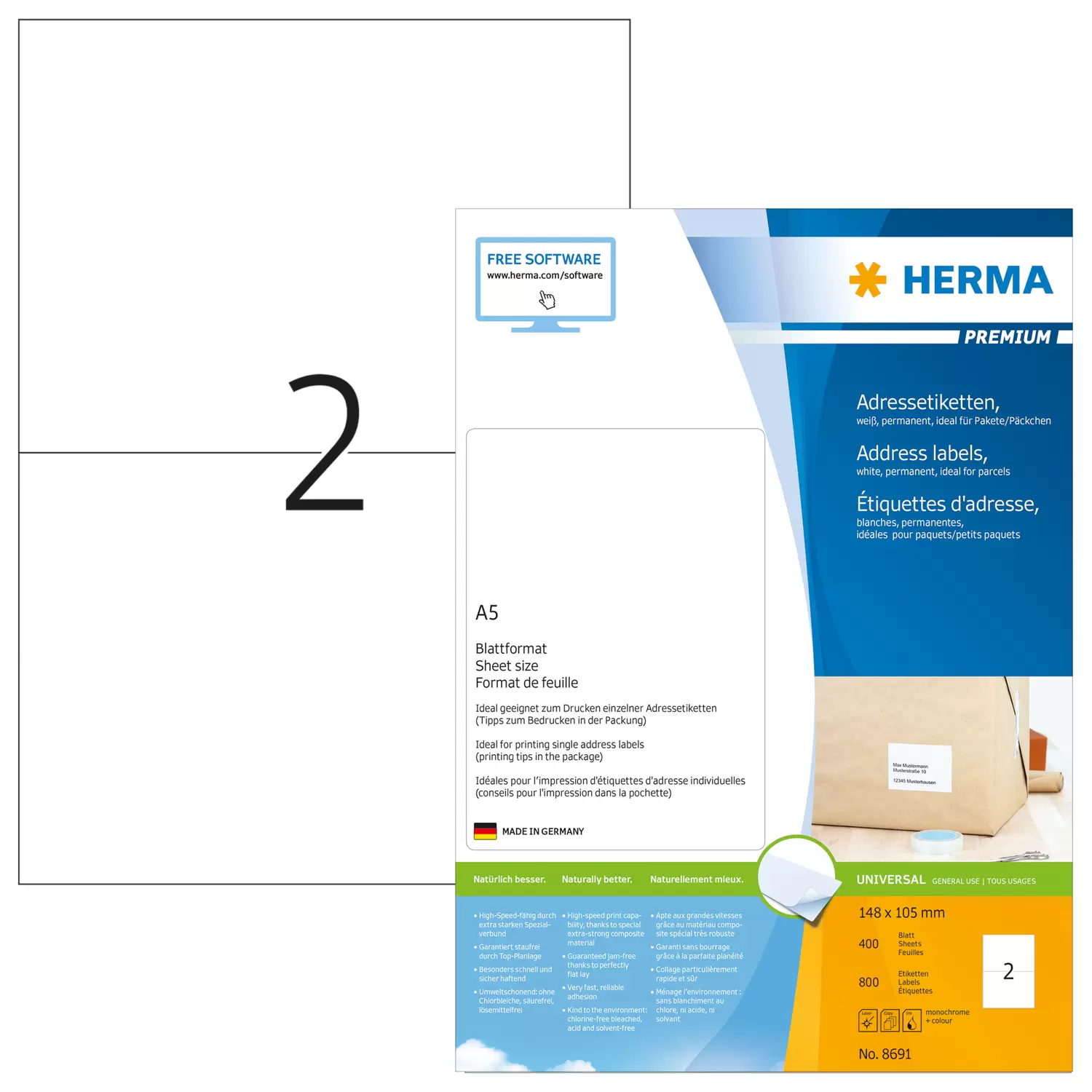 Image of HERMA Address labels Premium sheetsize A5 105x148 mm white paper...