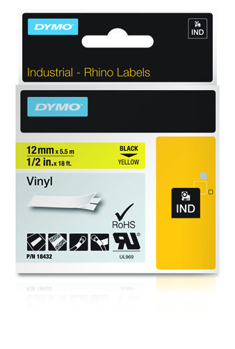 Dymo 18432/S0718450 Ribbon Vinyl black on yellow 12mm x 5,5m for Dymo Rhino 6-12mm/19mm/24mm