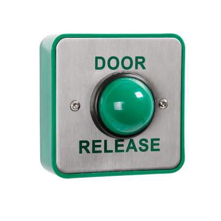 Surface Stainless Steel 'Door  Release' Large Green Dome  Button with Collar thumbnail