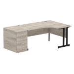 Dynamic Impulse W1600 x D1200 x H730mm Right Hand Crescent Desk Cantilever Leg With D800mm Desk High Pedestal Grey Oak Finish Black Frame - I004429 DD