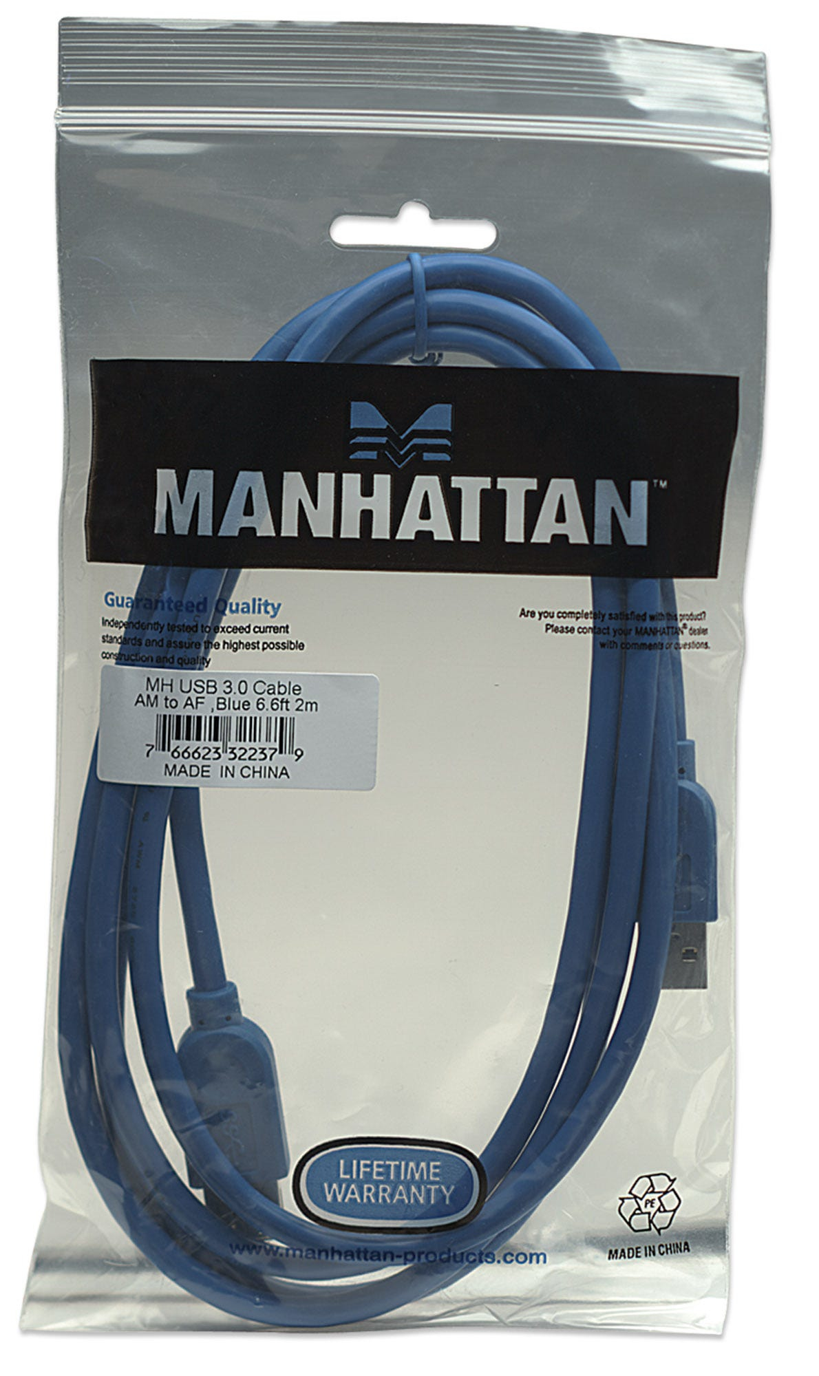 Manhattan USB-A to USB-A Extension Cable, 2m, Male to Female, 5 Gbps (USB 3.2 Gen1 aka USB 3.0), Blue, Polybag