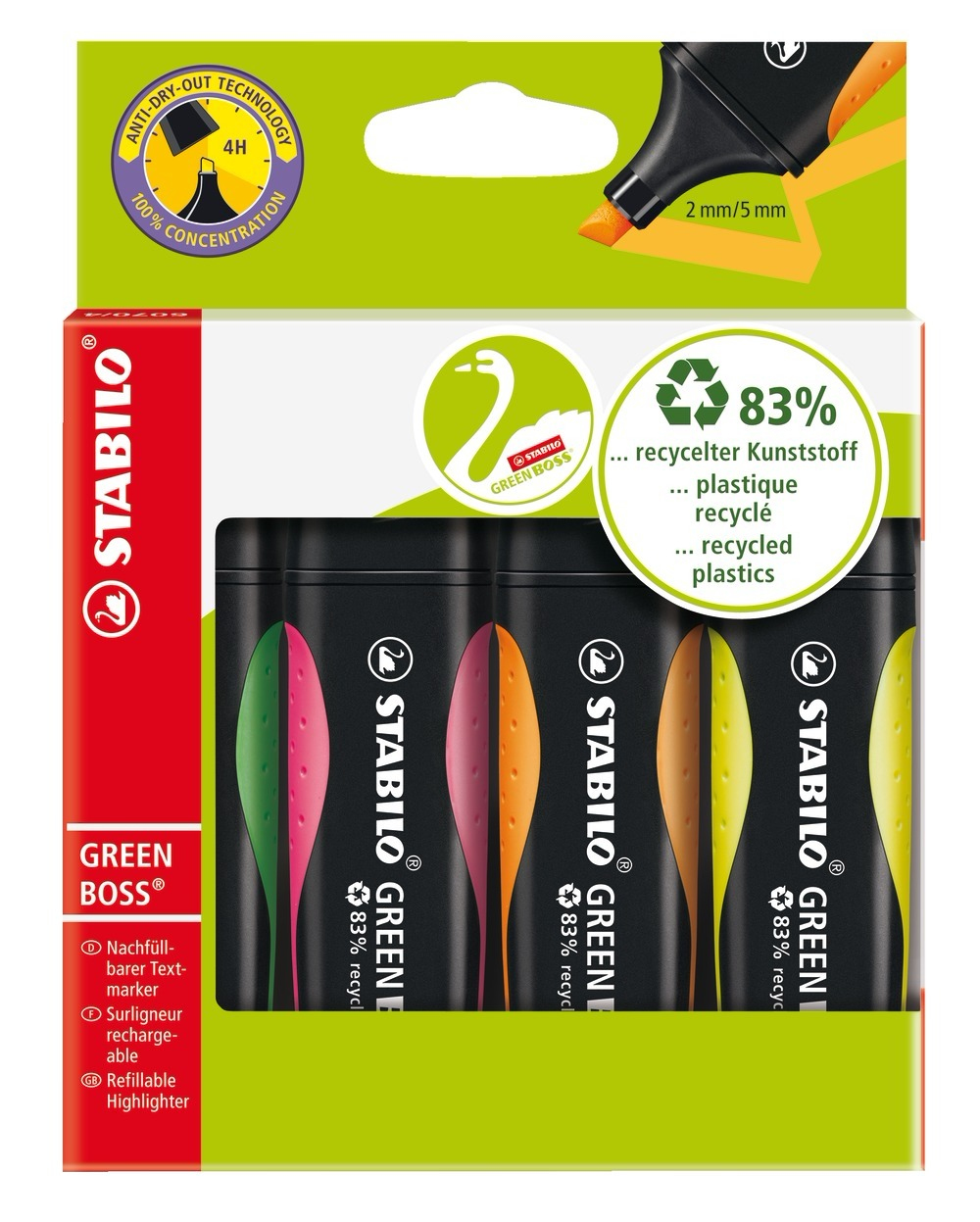 Image of STABILO GREEN BOSS marker 4 pc(s) Chisel tip Green, Orange, Pink,...