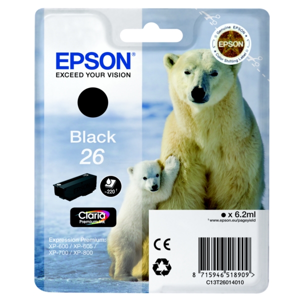 Epson C13T26014012 (26) Ink cartridge black, 220 pages, 6ml Epson C13T26014012 (26) Ink cartridge black, 220 pages, 6ml