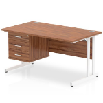 Dynamic Impulse W1400 x D800 x H730mm Straight Office Desk Cantilever Leg With 1 x 3 Drawer Single Fixed Pedestal Walnut Finish White Frame - MI001932 DD