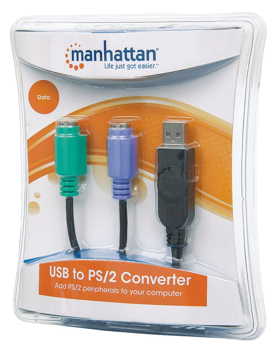 Manhattan USB-A to PS/2 Converter cable, 15cm, Male to Female, Connects Two PS/2 Devices via One USB-A Port, Black, Blister