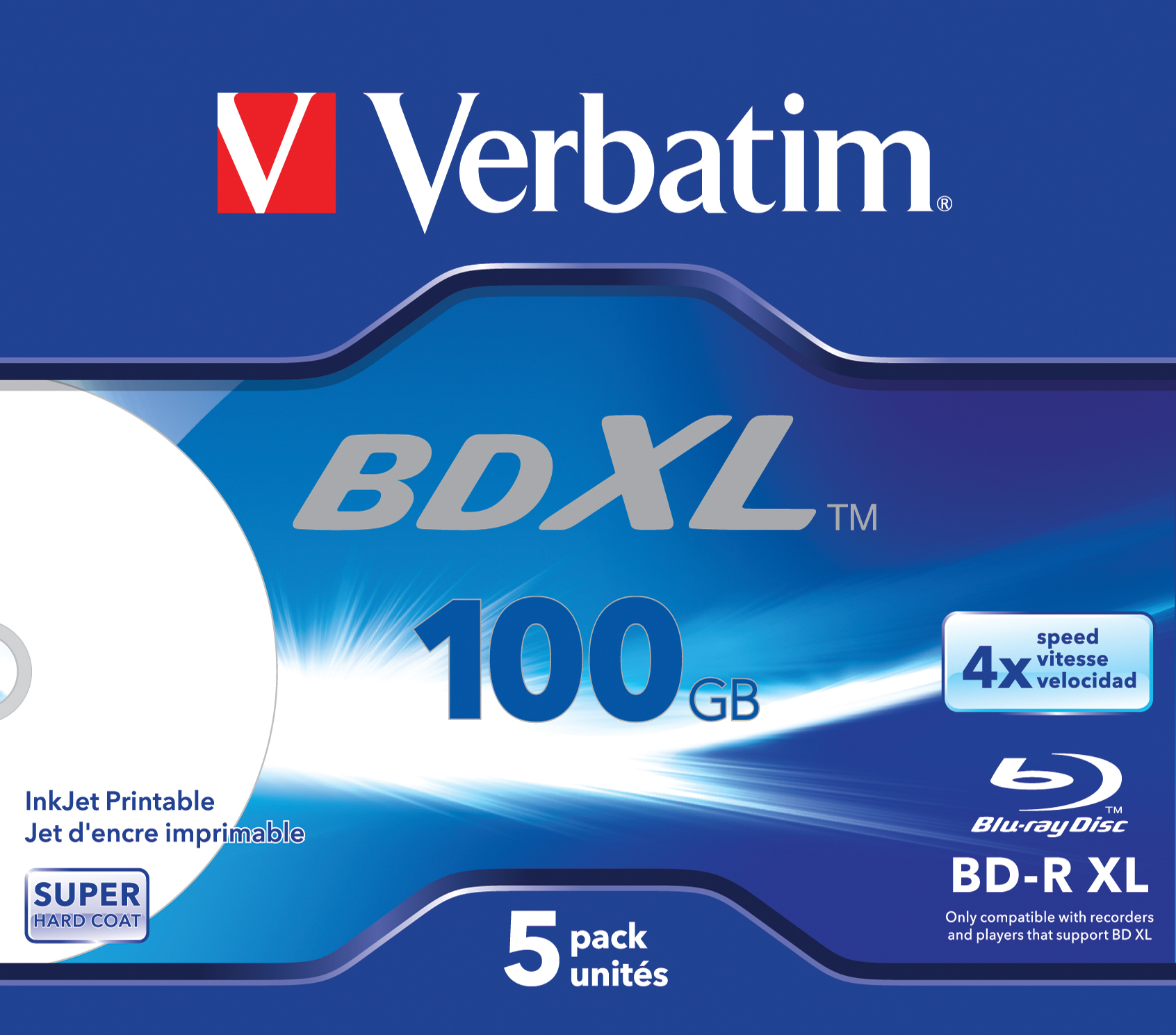Image of Verbatim BD-R XL 100GB* 4x Wide Inkjet Printable 5 Pack Jewel Case