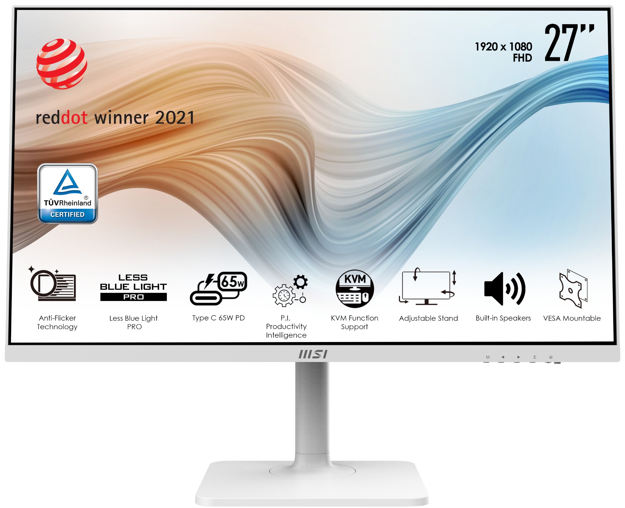 MSI Modern MD272PW 27 Inch Monitor with Adjustable Stand, Full HD (1920 x 1080), 75Hz, IPS, 4ms, AdaptiveSync, HDMI, DisplayPort, USB Type-C, Built-in USB Hub, Built-in Speakers, Anti-Glare, Anti-Flicker, Less Blue light, TÜV Certified, VESA, White
