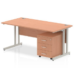 Dynamic Impulse Cantilever Straight Office Desk W1400 x D800 x H730mm Beech Finish Silver Frame With 3 Drawer Mobile Pedestal - MI000971 DD
