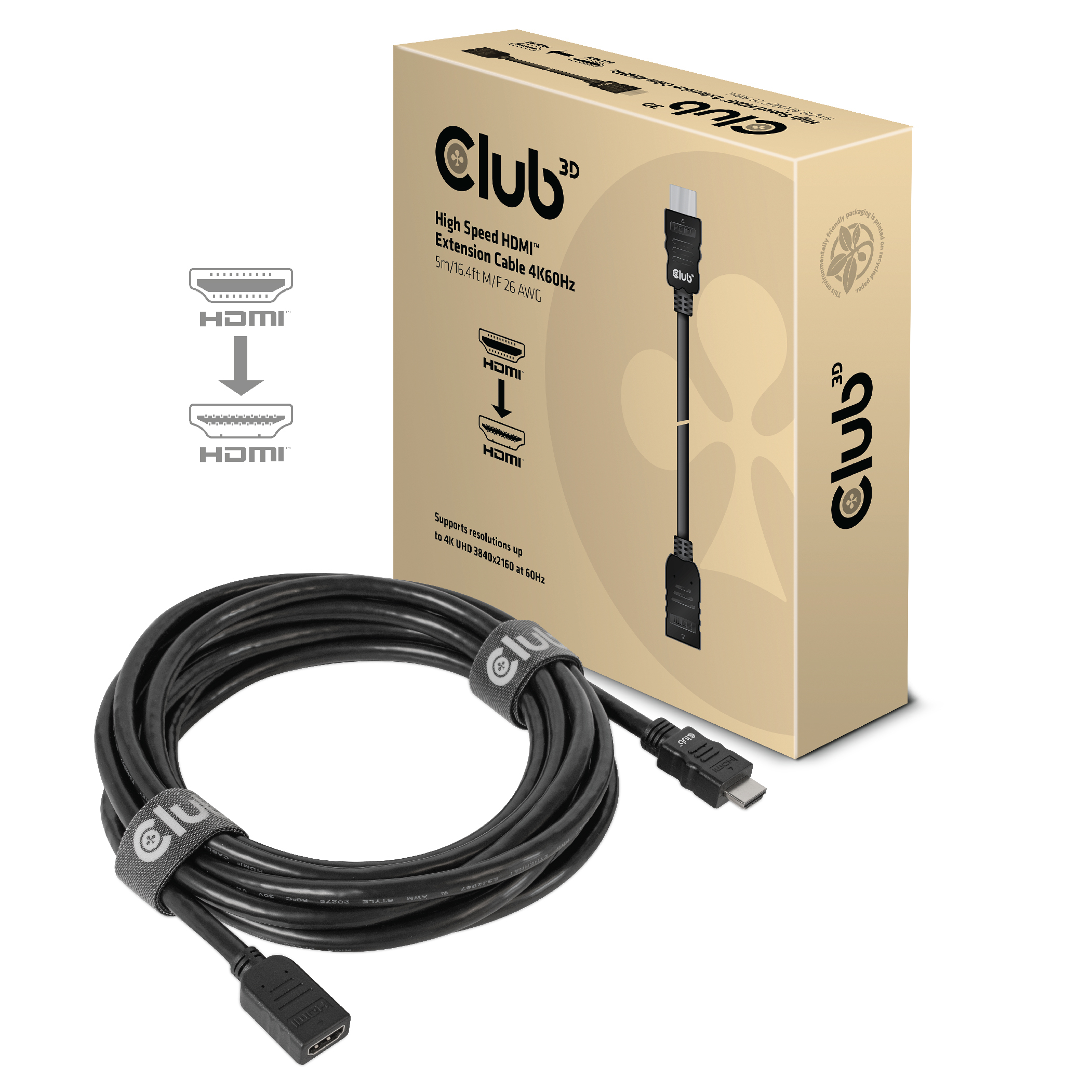 Image of CLUB3D High Speed HDMI Extension Cable 4K60Hz M/F 5m/16.4ft 26 AWG