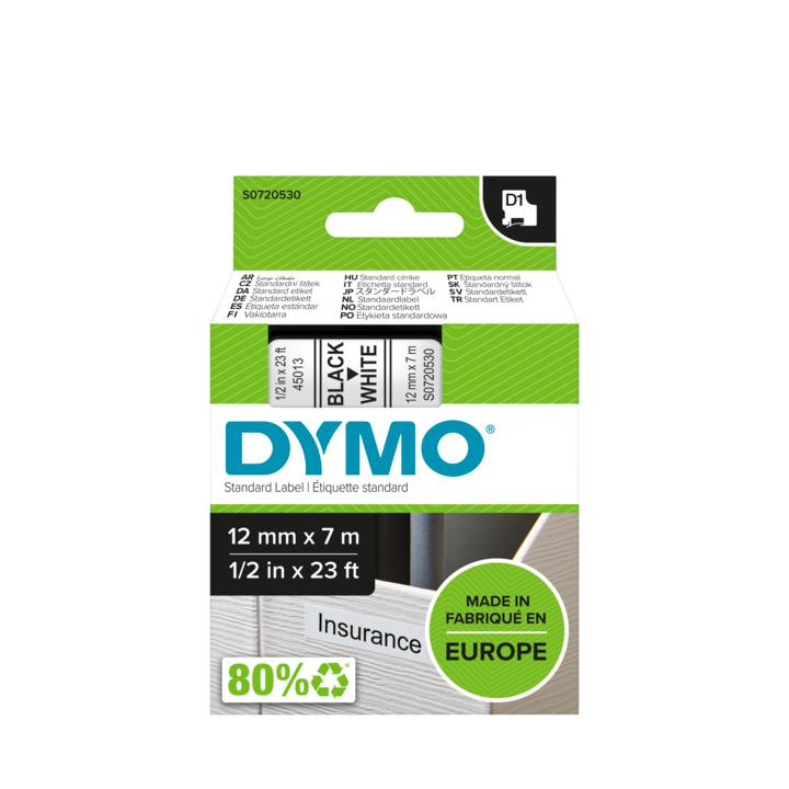 Dymo 45013 D1 LabelMaker Tape 12mm x 7m Black on White S0720530