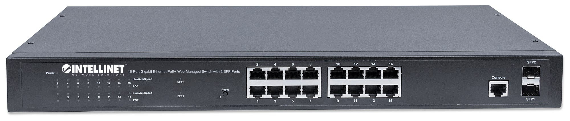 Intellinet 16-Port Gigabit Ethernet PoE+ Web-Managed Switch with 2 SFP Ports, IEEE 802.3at/af Power over Ethernet (PoE+/PoE) Compliant, 374 W, Endspan, 19" Rackmount (UK 3-pin plug)
