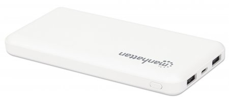 Manhattan Power Bank (Clearance Pricing), 10000 mAh, Output: 2x USB-A (2.1A & 1A), Input: USB-C & Micro-USB (both 2A), White, One Year Warranty, Blister
