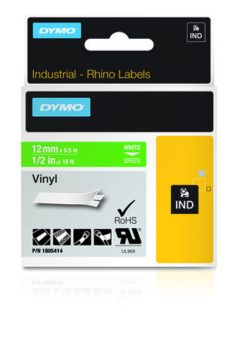 Image of Dymo 1805414 Ribbon Vinyl white on green 12mmx5,5m for Dymo Rhino...